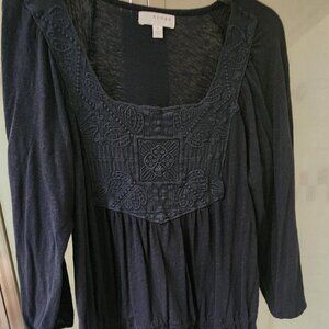 Kenar 100% Cotton Floral Embroidered Navy Blue Blouse Size M